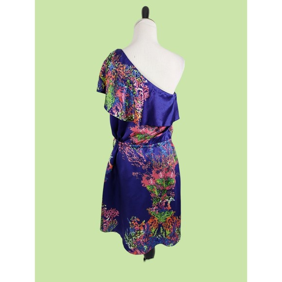 HALSTON Heritage Dress 4 purple One Sleeve RUFFLE SILK Floral - Picture 2 of 5